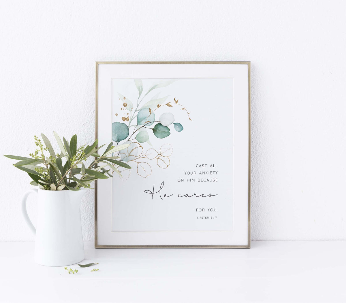Cast All Your Cares on Him Because He Cares for You Print, 1 Peter 5 7, Christian Wall Art, Christian Gifts, Bible Verse Print