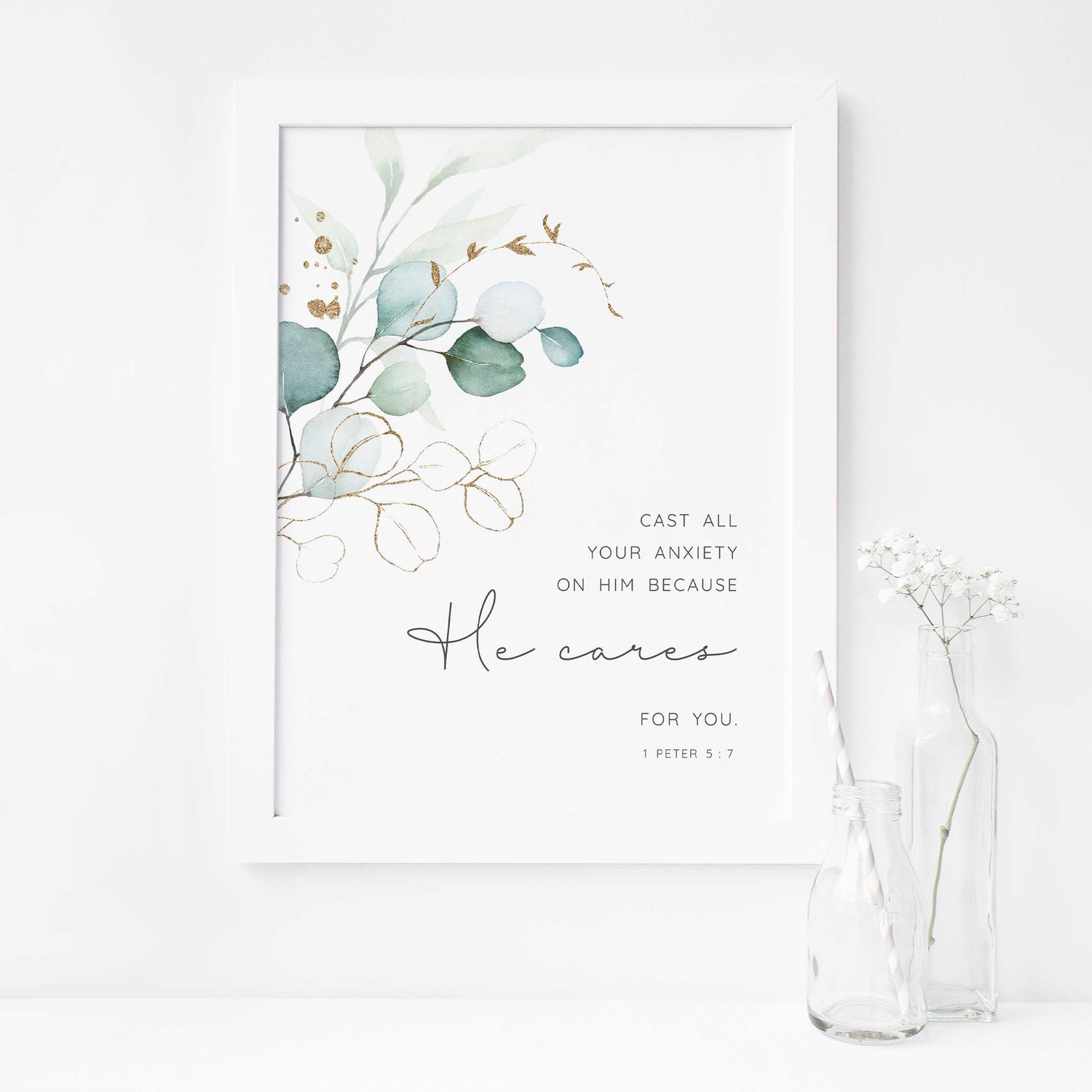 Anxiety Aids, Cast All Your Anxiety On Him Botanical Print, 1 Peter 5 7 Watercolor Bible Verse Wall Art, Letterbox Gift