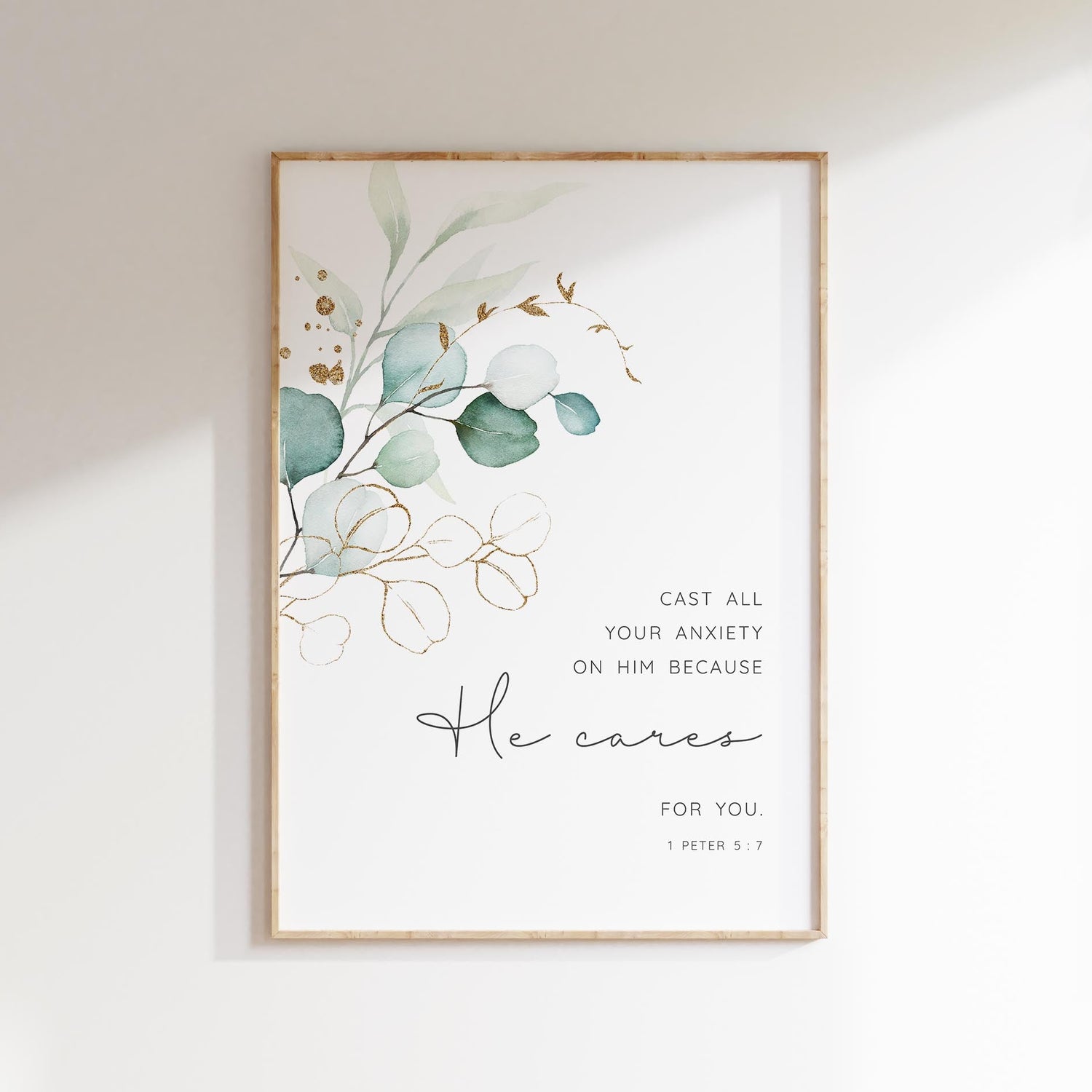 Uplifting scripture quote with botanical design, Cast All Your Anxiety On Him framed print, Contemporary Christian wall art 