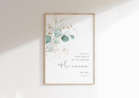 Uplifting scripture quote with botanical design, Cast All Your Anxiety On Him framed print, Contemporary Christian wall art 