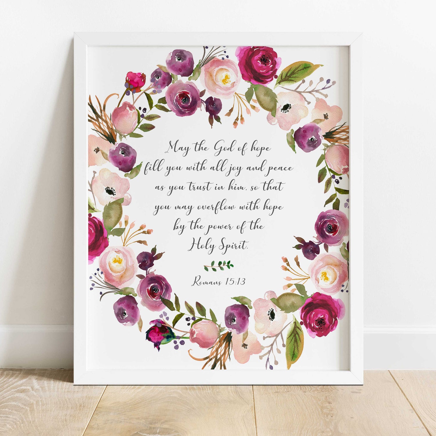 Graceful floral pattern with Romans 15:13 verse, Floral scripture art: Romans 15:13 print for home