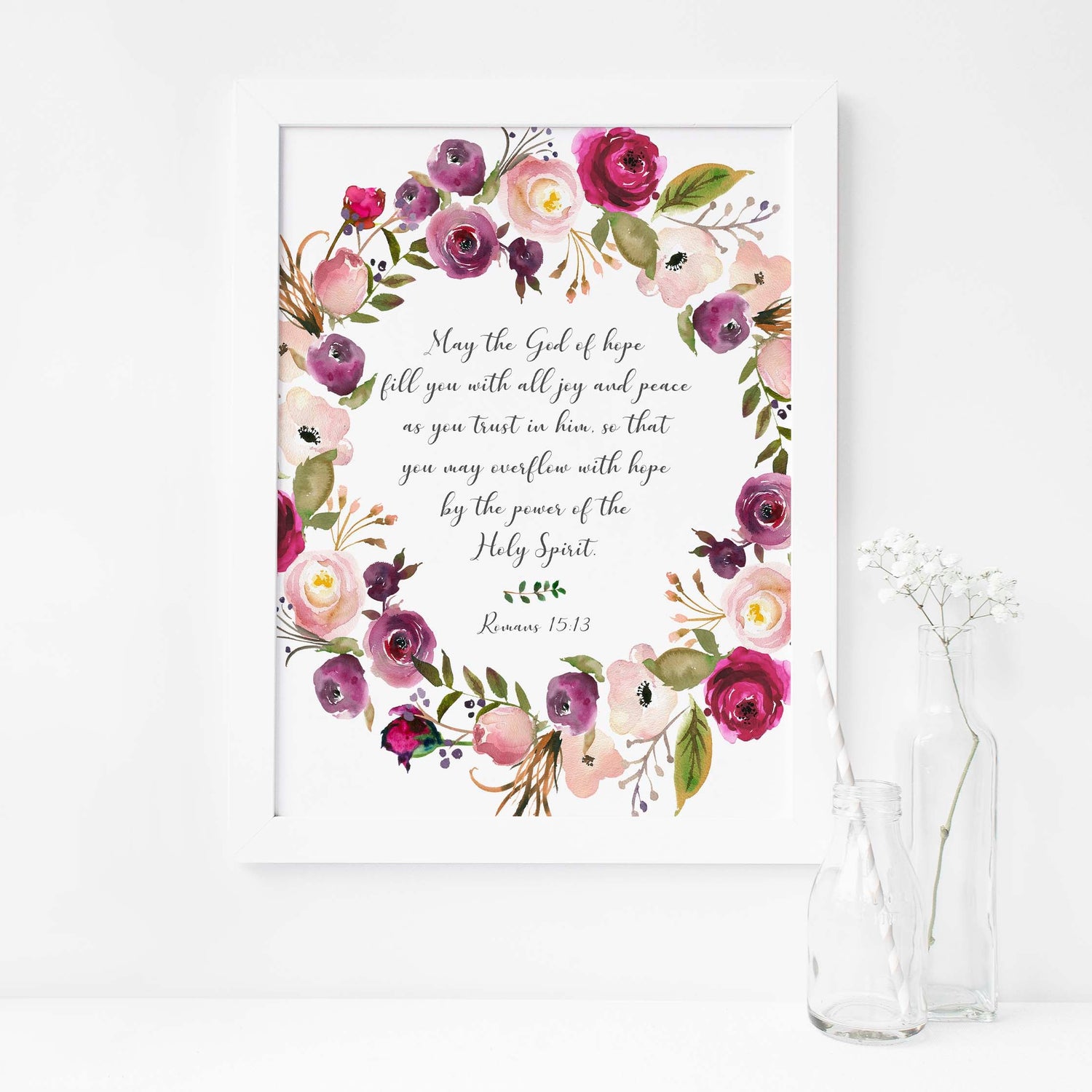 Delicate flowers and inspirational quote: Romans 15:13 print, Serene wall decor: Floral Romans 15:13 art print