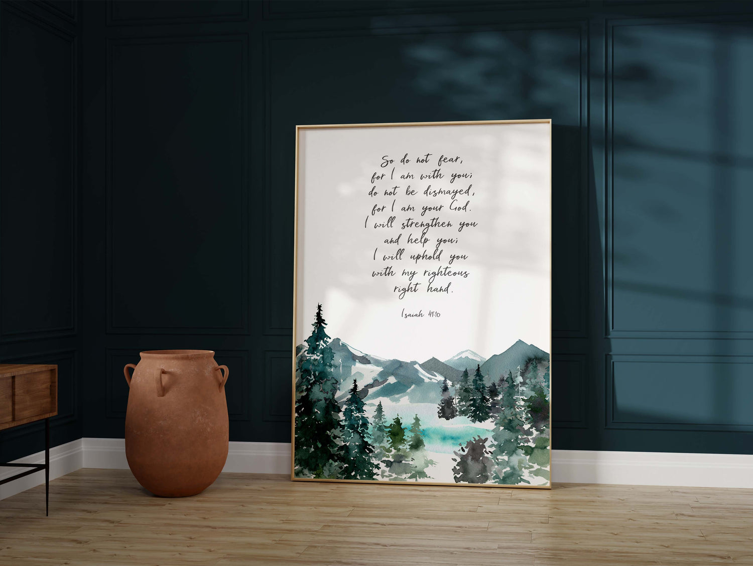 Comforting scripture art for home decor, Serene mountain landscape with inspirational quote, Encouraging wall art with Isaiah 41 10 verse