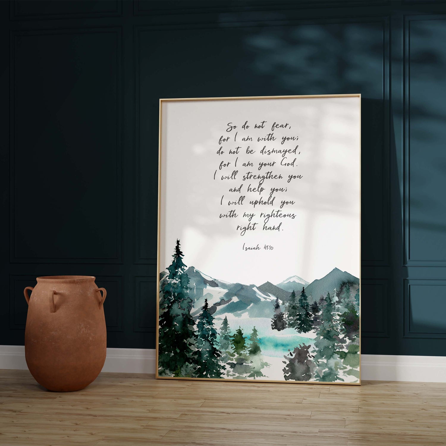 Comforting scripture art for home decor, Serene mountain landscape with inspirational quote, Encouraging wall art with Isaiah 41 10 verse