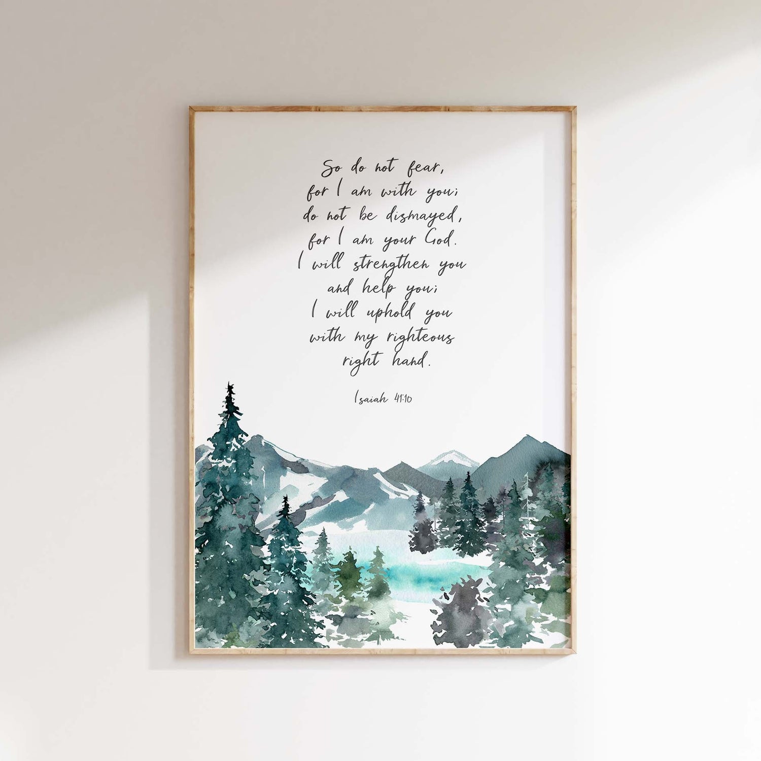 Mountain serenity in Bible-inspired home accents, Uplifting decor: 'Do not fear, for I am with you' print, Mountain-themed scripture print