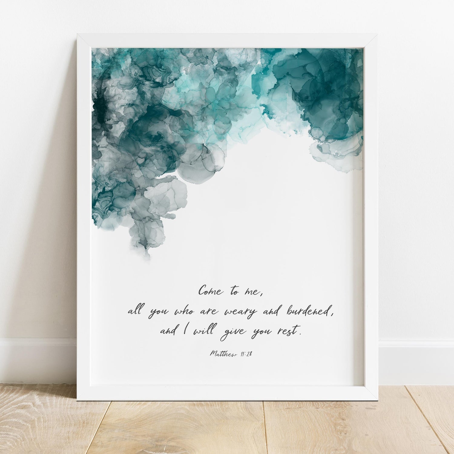 Restful Wall Art in Turquoise and Black Palette, Biblical Quote in Elegant Turquoise Ink, Christian Home Decor with Matthew 11:28
