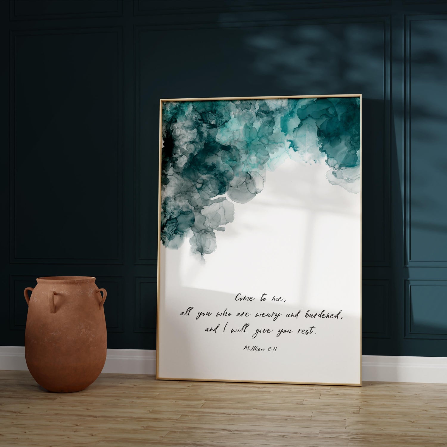 Turquoise and Black Ink Print with Biblical Quote, Matthew 11:28 Wall Art in Turquoise and Black, Turquoise and Black Quote Artwork