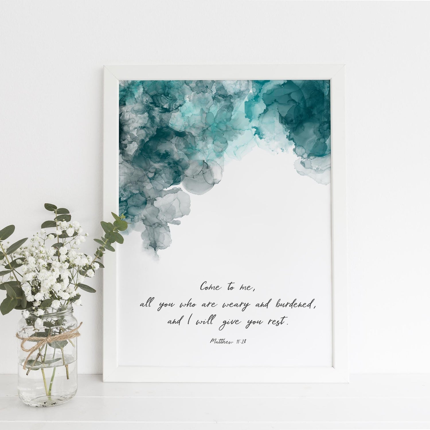 modern christian art, alcohol ink quote prints uk, Matthew 11 28 Print, Abstract Christian Wall Art, christian wall art