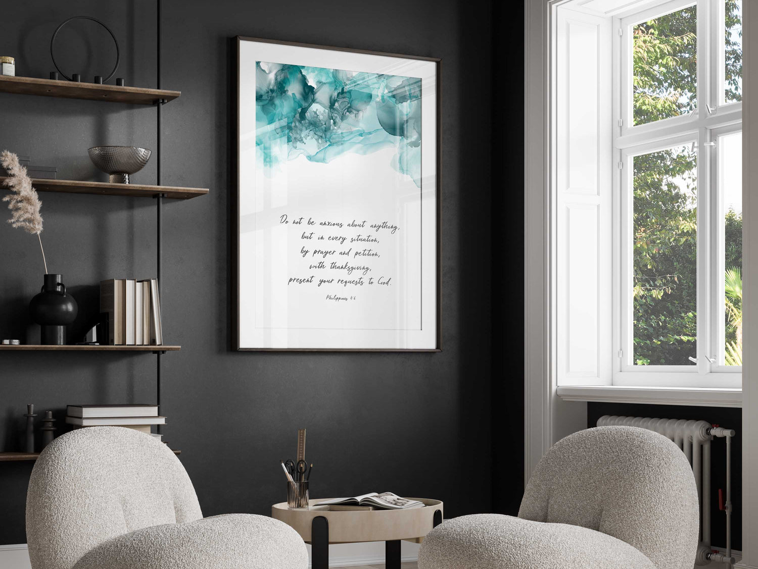 Turquoise abstract print with biblical encouragement, Biblical affirmation in turquoise and black decor, Bible verse wall decor