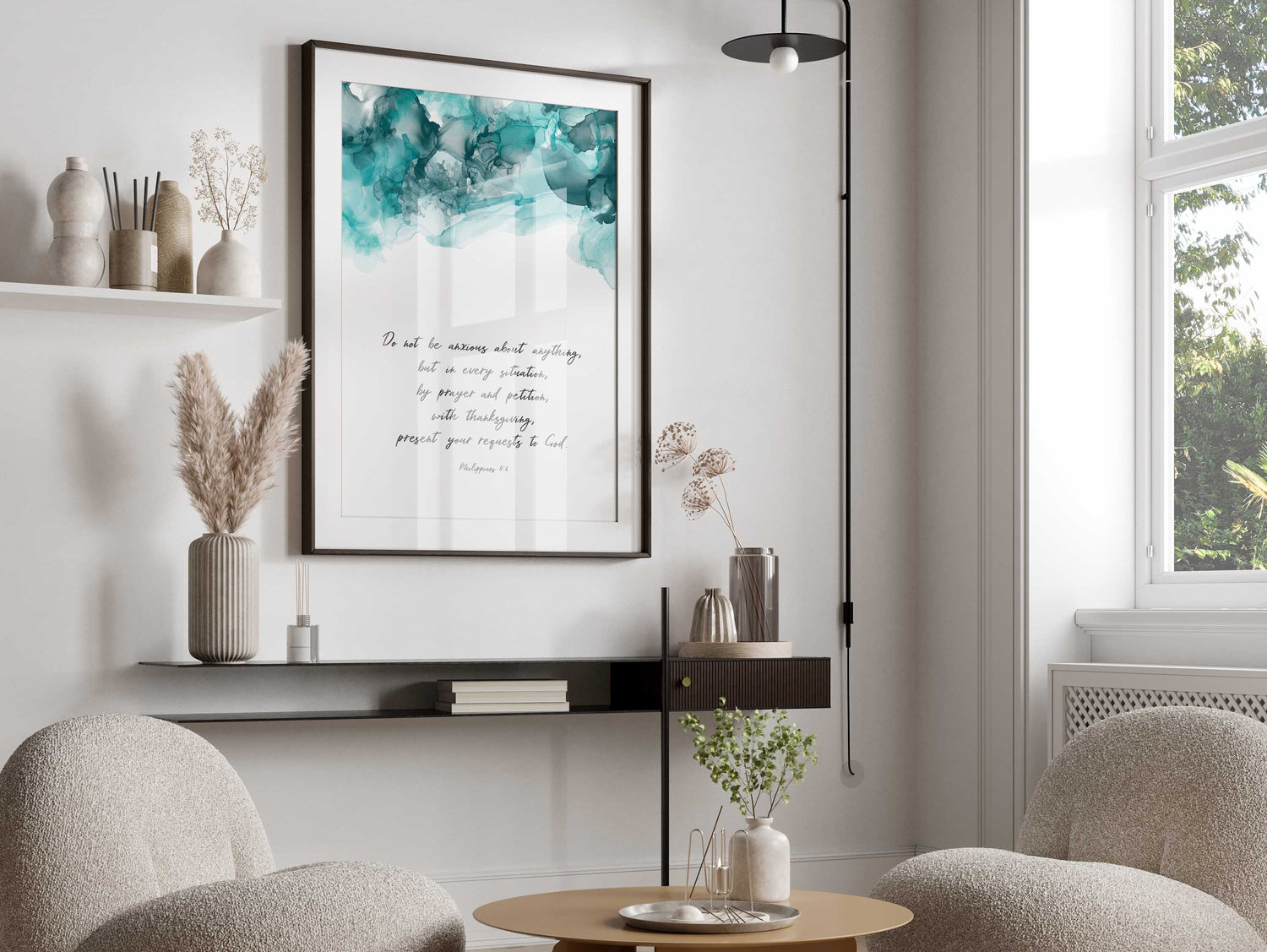 Faith-inspired wall print promoting gratitude, Philippians 4:6 verse in abstract home decor, Elegant Christian art for stress-free living