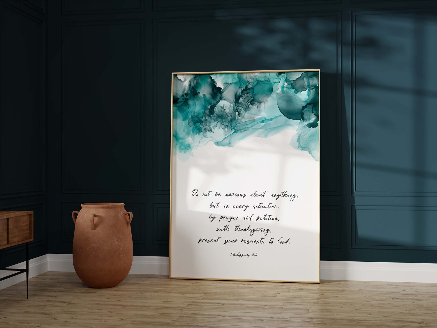 Abstract prayer wall art in calming colors, Turquoise and black scripture-inspired home print, Bible verse wall decor for peace