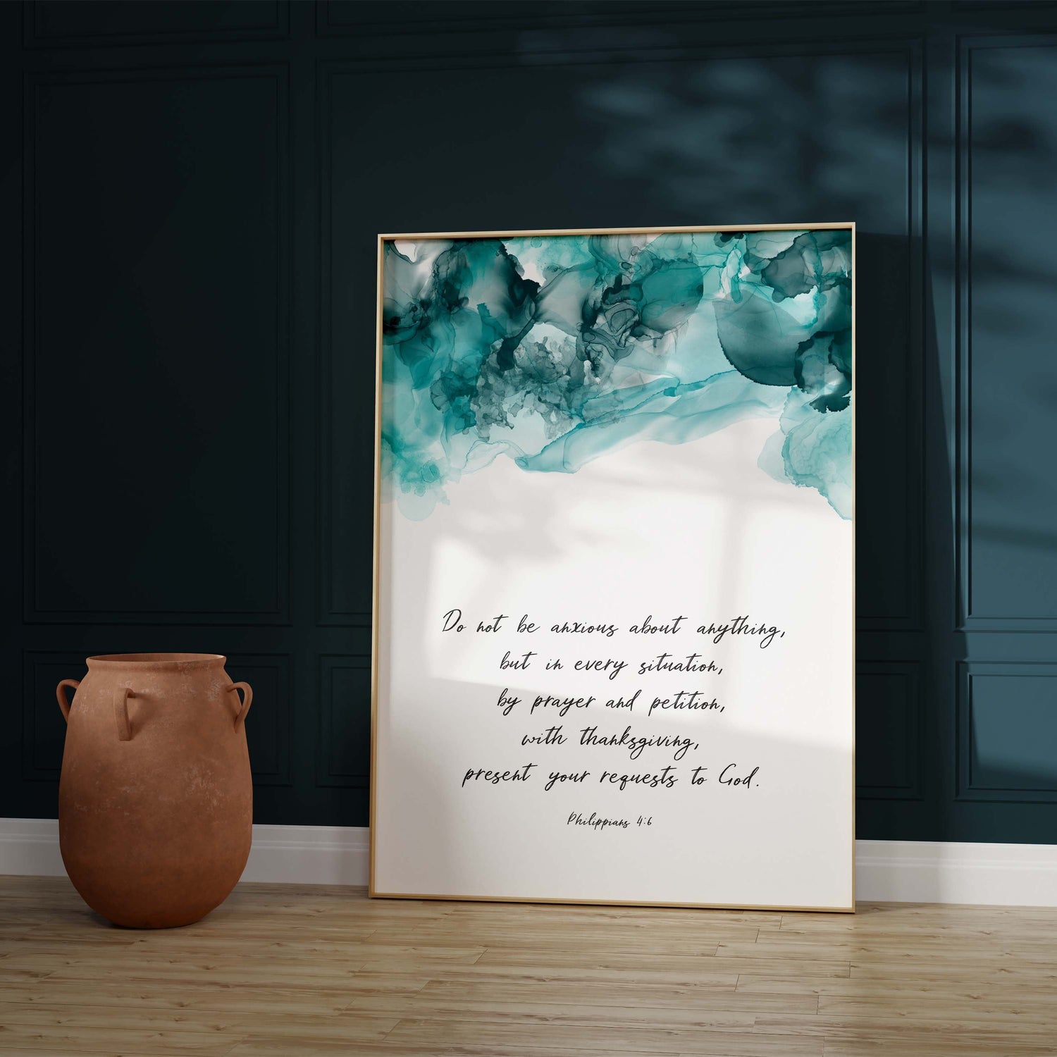 Abstract prayer wall art in calming colors, Turquoise and black scripture-inspired home print, Bible verse wall decor for peace