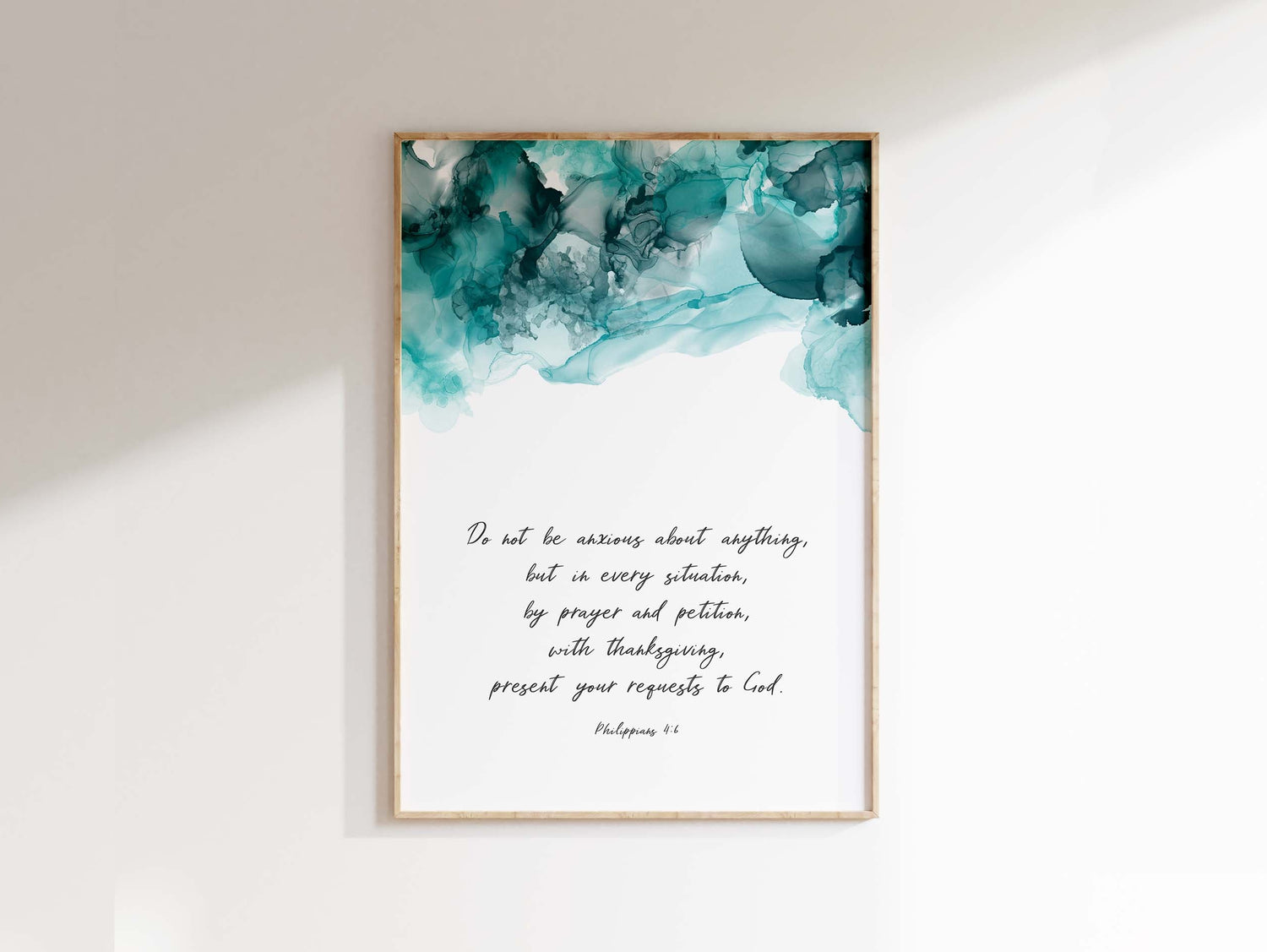 Turquoise and black abstract Christian wall art, Philippians 4:6 scripture decor in ink, ink wall art for calming prayer space