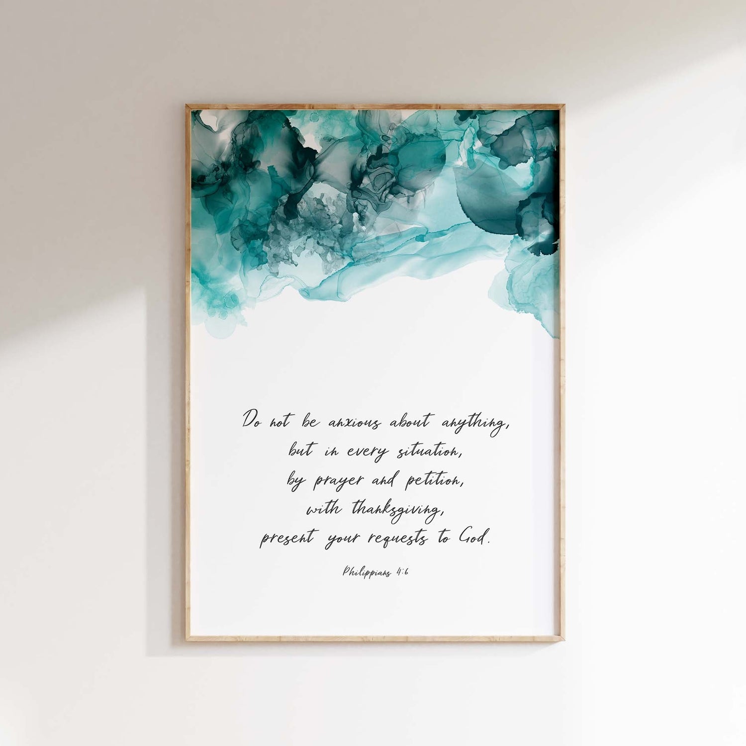 Turquoise and black abstract Christian wall art, Philippians 4:6 scripture decor in ink, ink wall art for calming prayer space