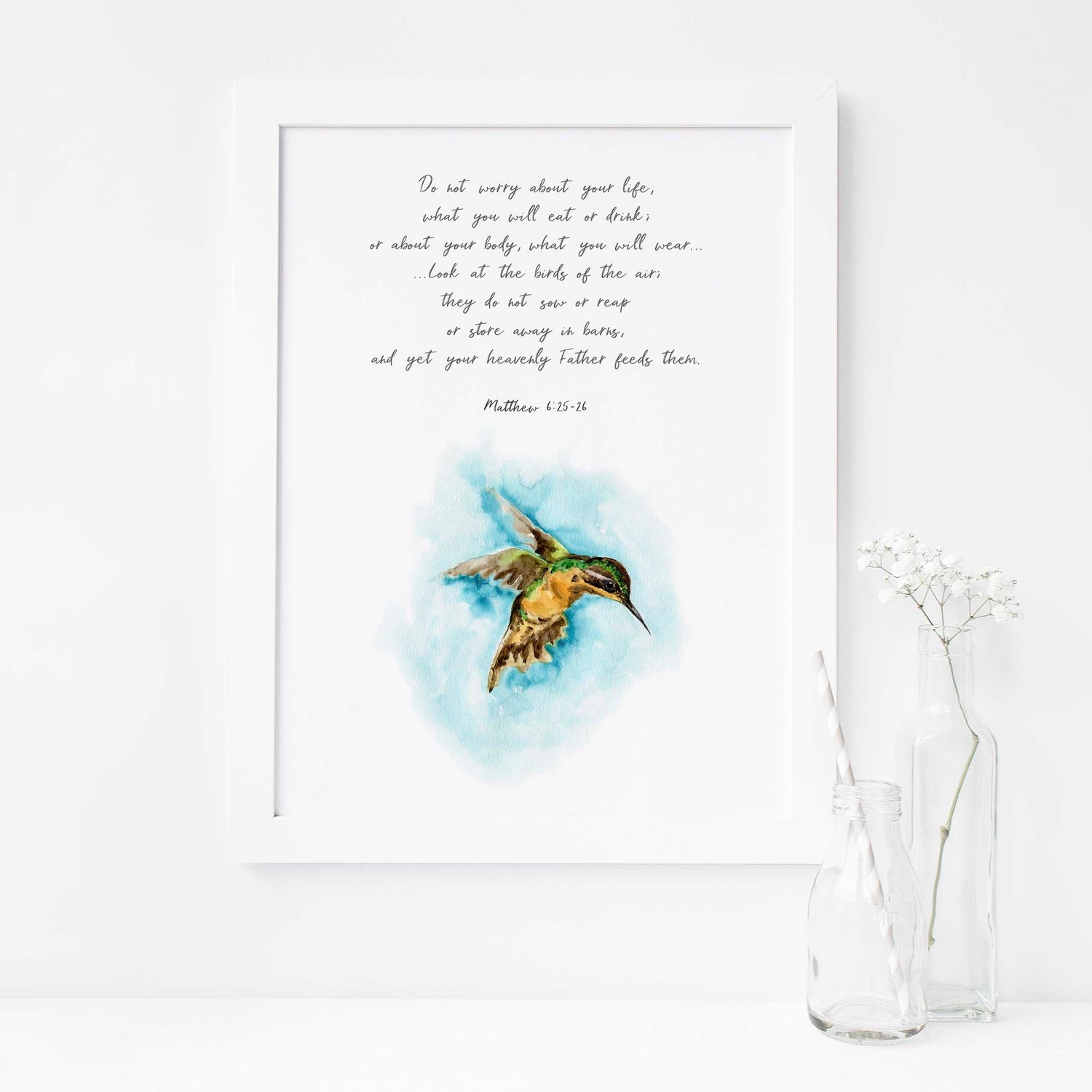 Look At The Birds Wall Print, Matthew 6 26 Decor, Do Not Worry Watercolor Hummingbird Art Picture, Bible Verse Wall Art, Christian Wall Art