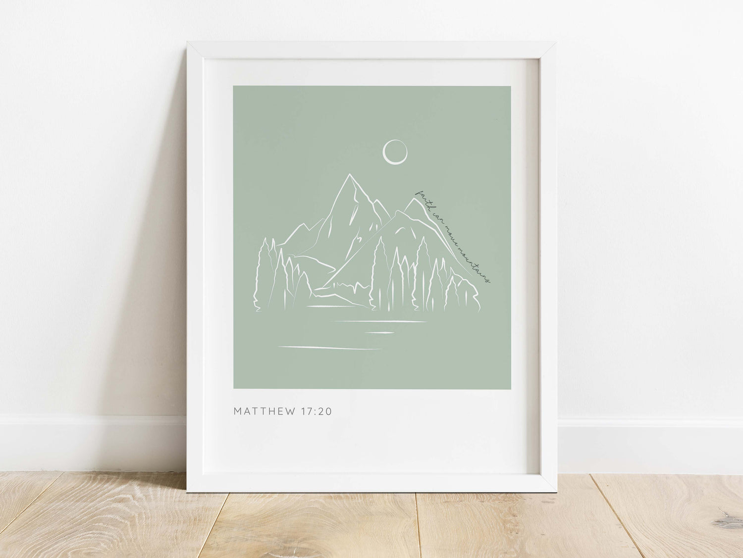 Bible-inspired line art print for home or office, Christian wall art with mountain and faith quote, Modern Christian decor