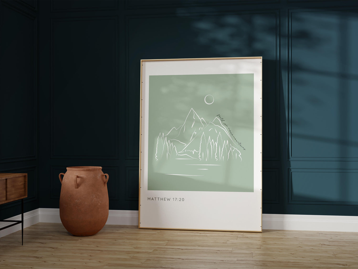 Minimalist mountain art print with faith-inspired message, Faith can move mountains scripture decor in sage green
