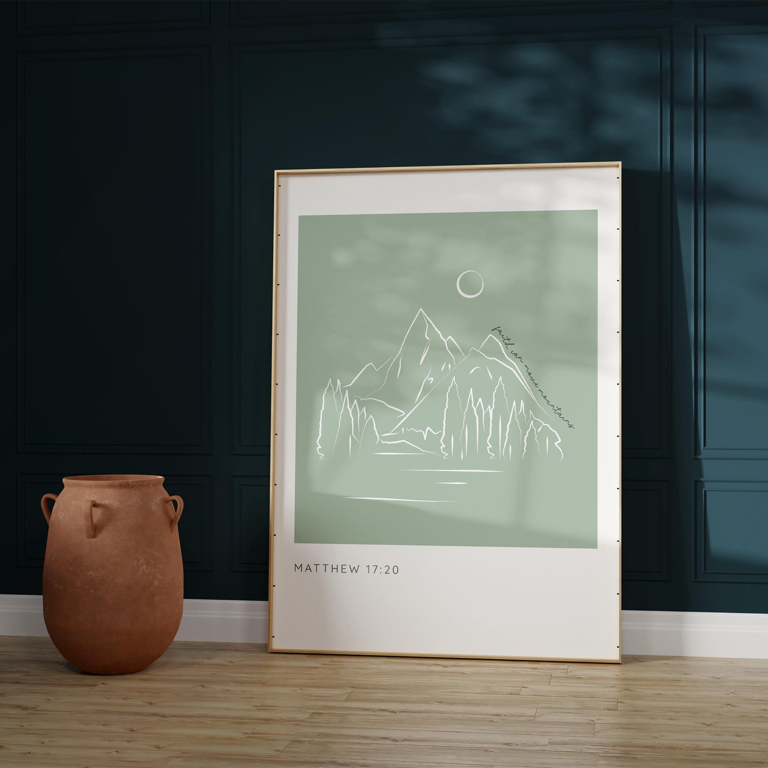 Minimalist mountain art print with faith-inspired message, Faith can move mountains scripture decor in sage green