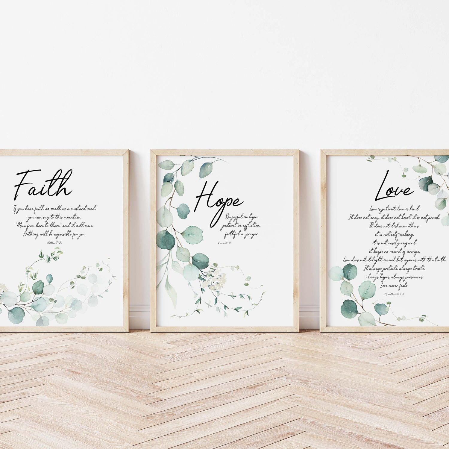 Botanical Bible Verse Faith Hope Love Prints, Eucalyptus Scripture Art, Christian Print Sets, Bible Verse Print Set of 3