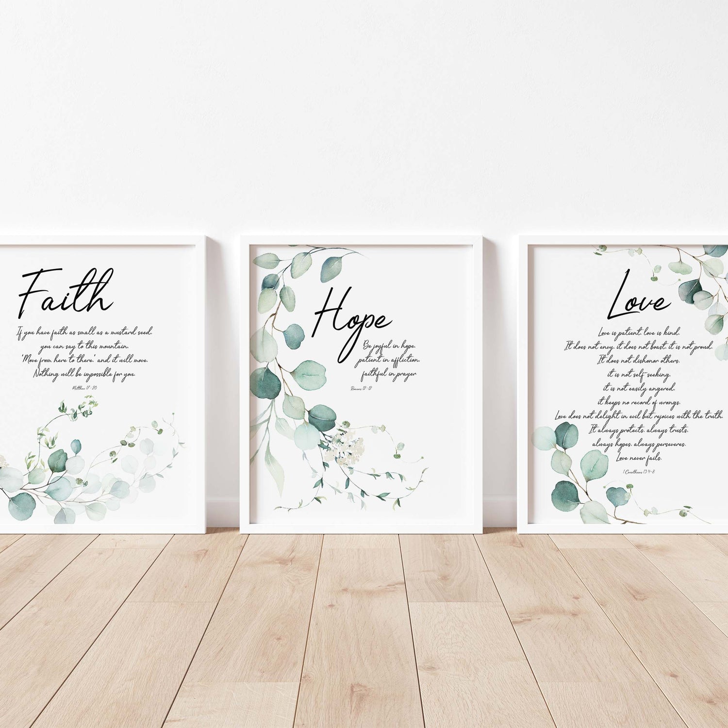 Bible Verse Print Set of 3 Pictures, Scripture Botanical Prints Wall Art Christian Gifts, Christian Print Sets, Contemporary Art
