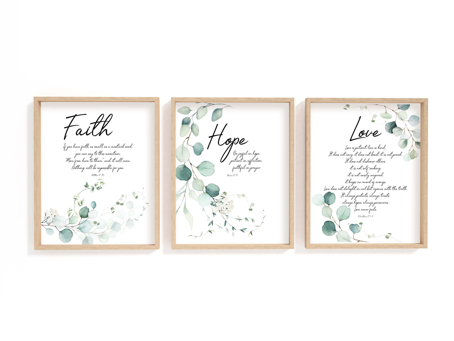 Bible Verse Botanical Wall Art Print Set of 3 Prints, Faith Hope Love, Bible Quotes, Religious Art, Eucalyptus Print