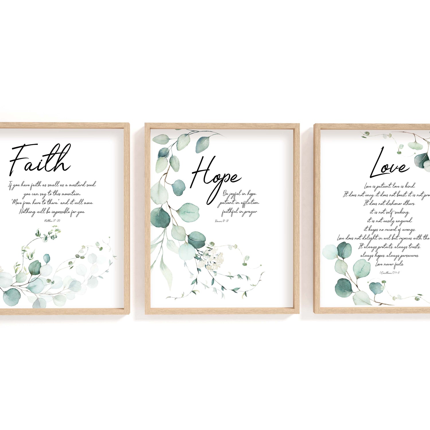 Bible Verse Botanical Wall Art Print Set of 3 Prints, Faith Hope Love, Bible Quotes, Religious Art, Eucalyptus Print