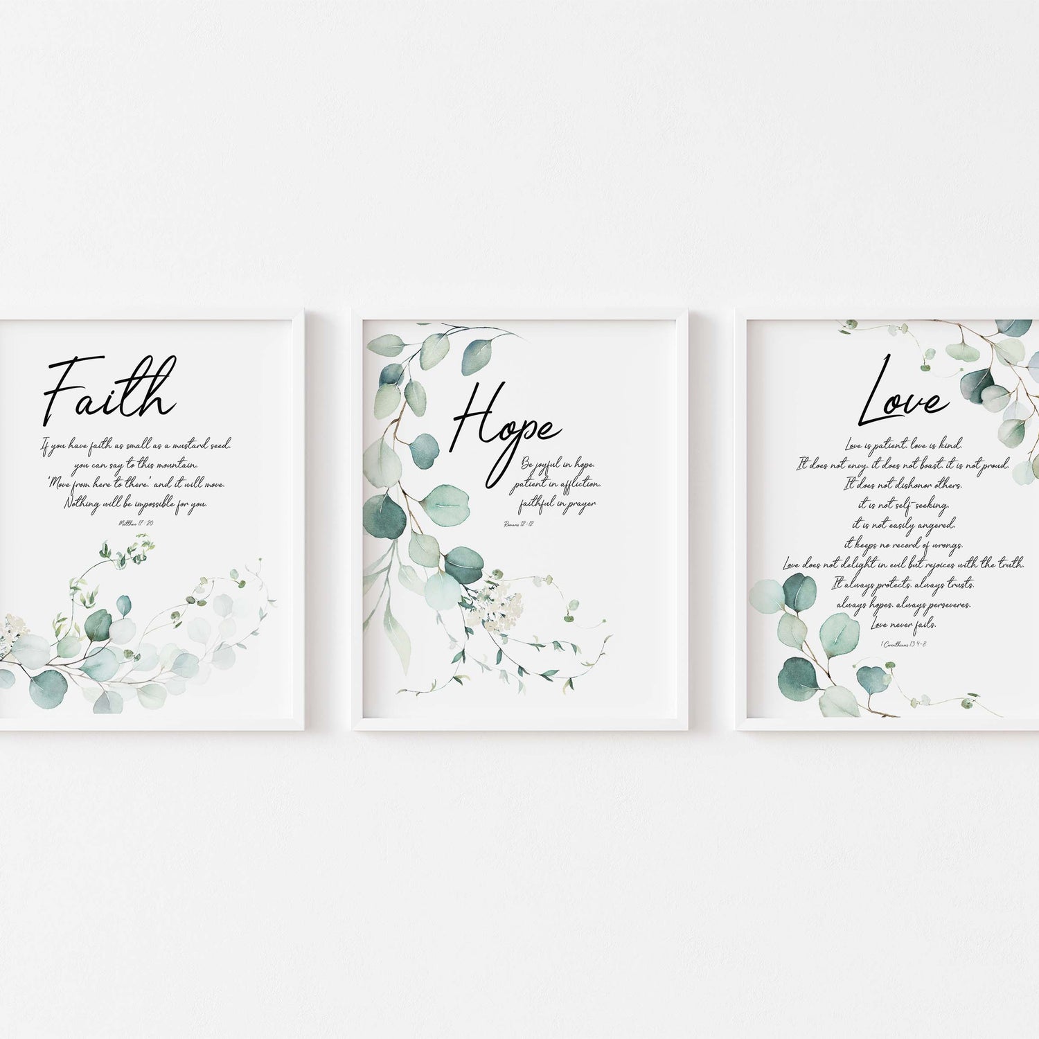 Botanical prints with Bible verses, Christian home decor with leaves, Matthew 17:20 faith-inspired wall art, botanical bible verses