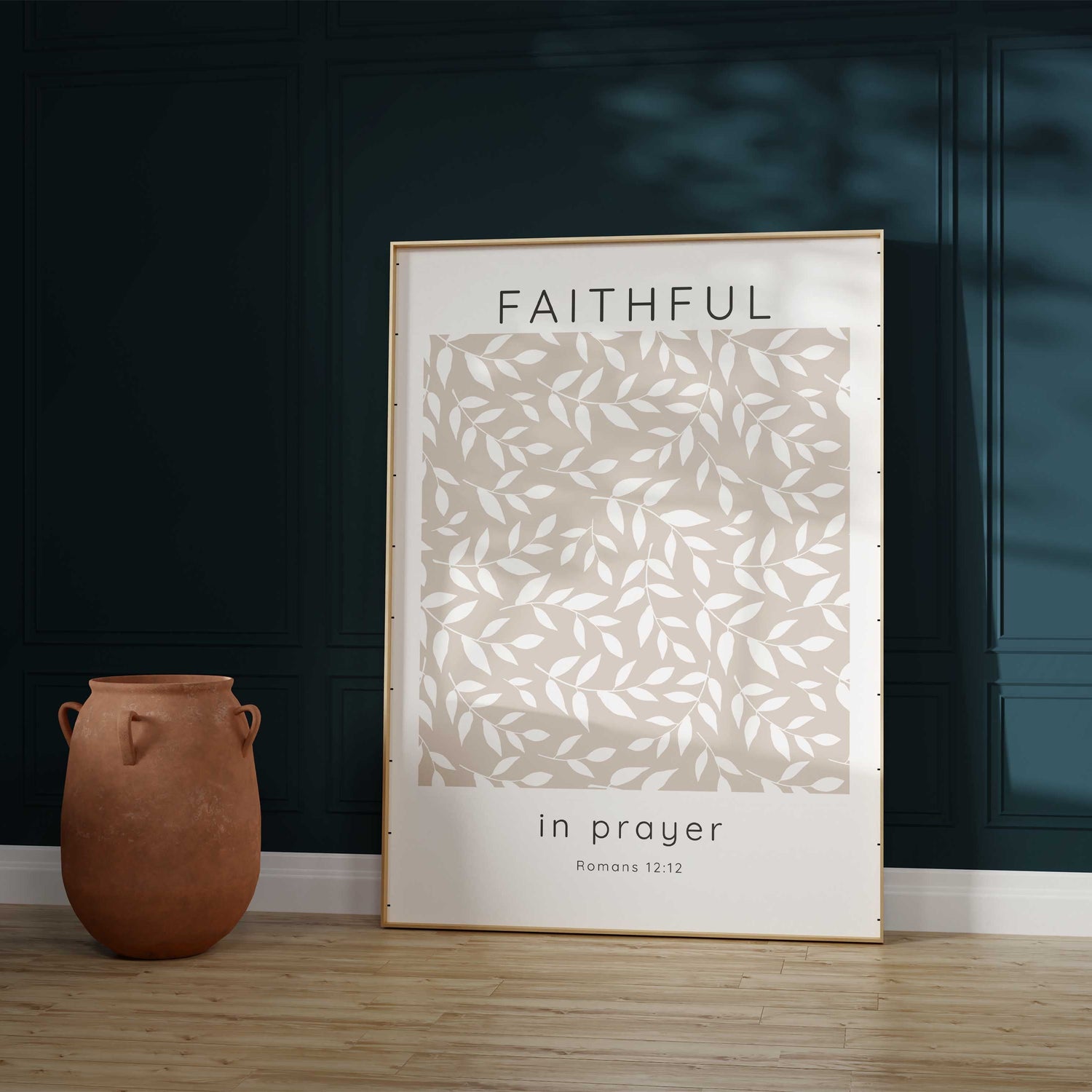 Romans 12:12 Faithful in Prayer Decor with Leaf Illustration, Graceful Beige and White Prayer Quote Artwork for Walls