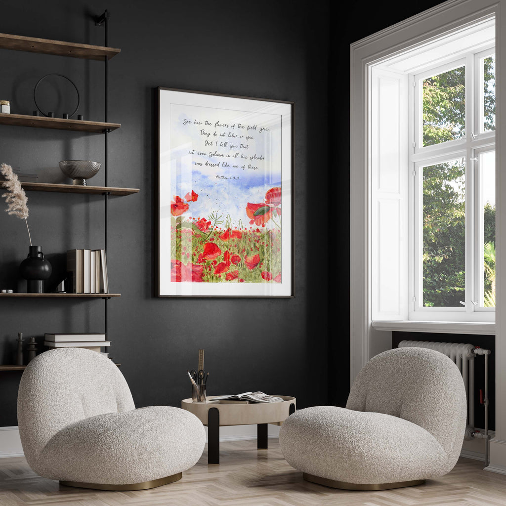 See How the Flowers of the Field Grow in Watercolour Painting Print, Matthew 6:28-29 Bible Verse Watercolour Decor