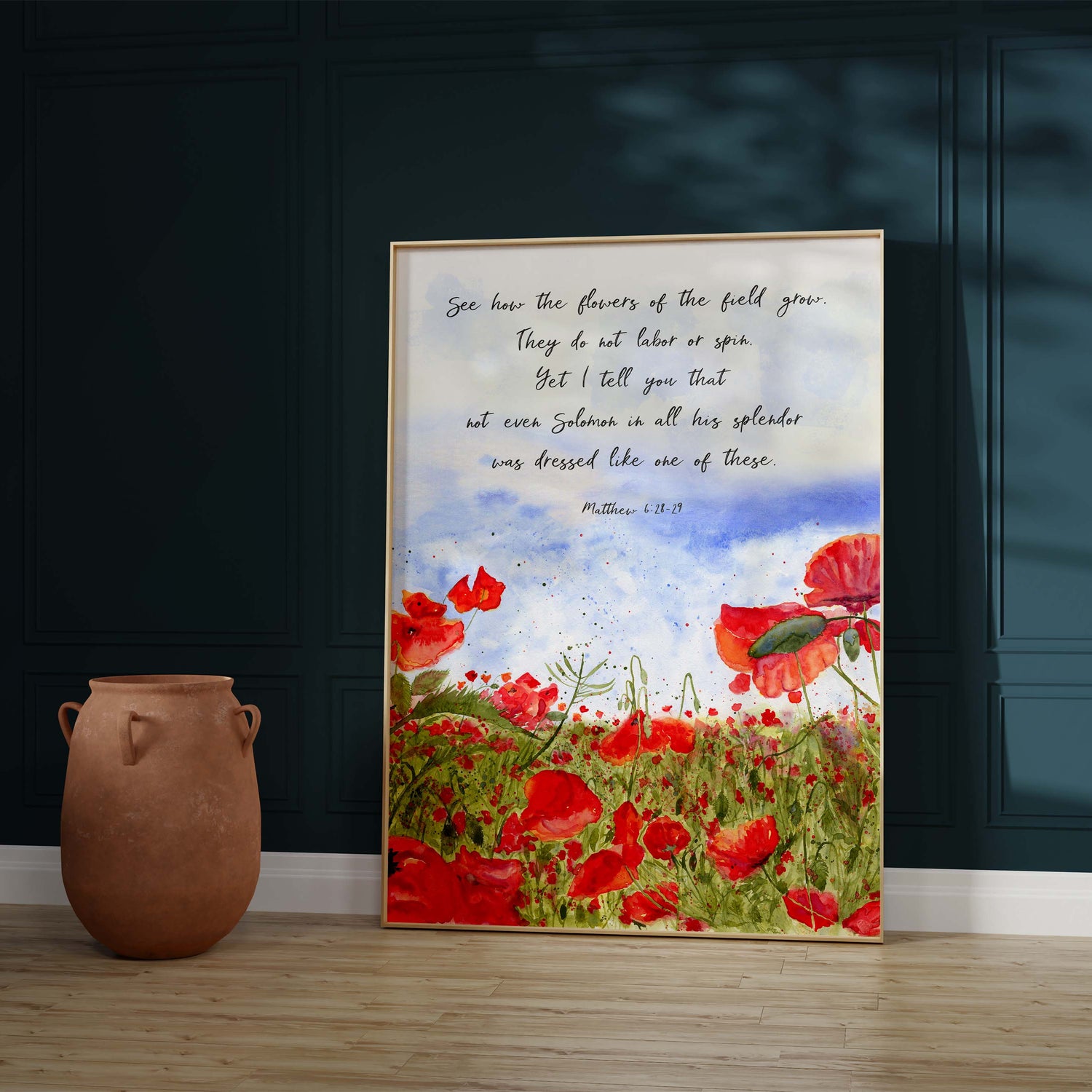 Watercolour Poppy Field Bible Verse Wall Art, Inspirational Scripture Print with Poppy Field, Biblical Wisdom Watercolour Wall Art