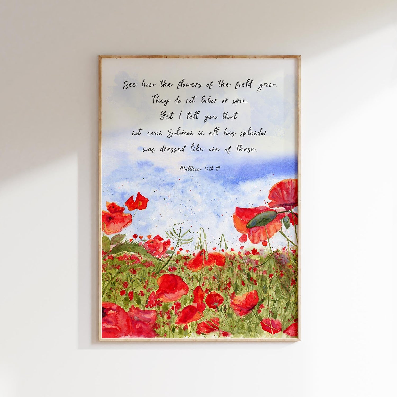 Unique Watercolour Poppy Field Christian Art, Serene Poppy Field Matthew 6:28-29 Print, Watercolour Poppy Field Bible Verse Wall Art