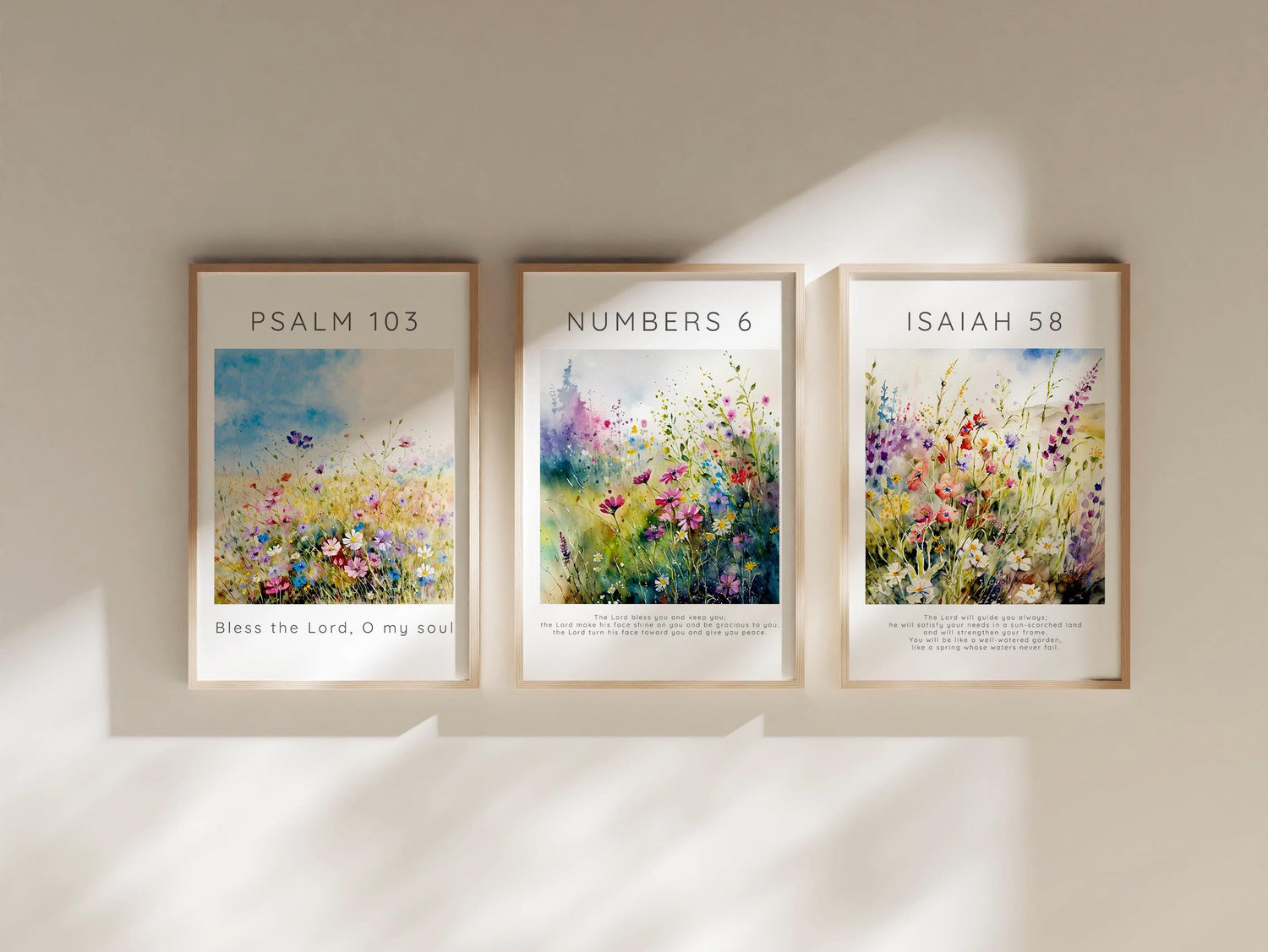 Uplifting wall print trio for spiritual reflection, Radiant colors of nature in biblical wall decor, Faith-inspired print set