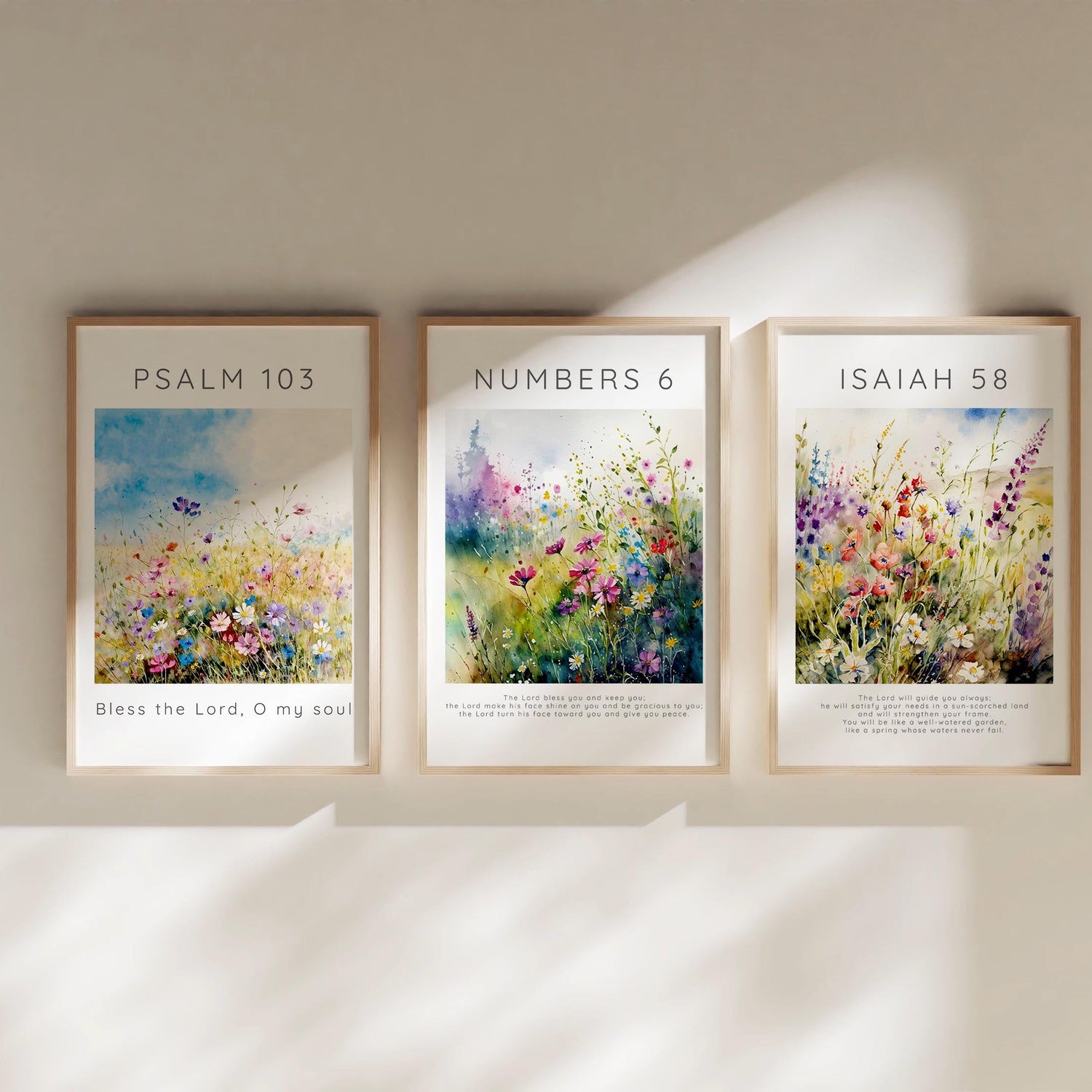 Uplifting wall print trio for spiritual reflection, Radiant colors of nature in biblical wall decor, Faith-inspired print set