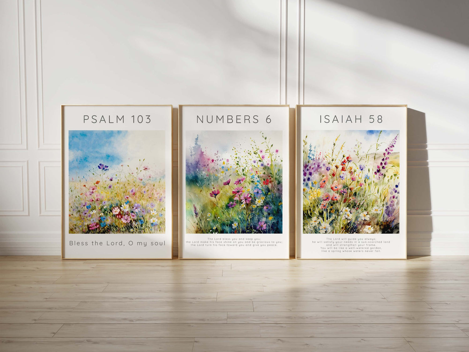 Vibrant floral scripture print set, Nature-inspired Christian wall decor, Blossoming garden verses wall art