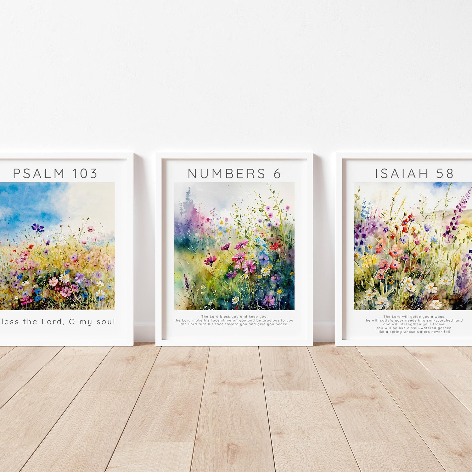 Flower Garden Christian Home Print Set, Modern Art Christian Shops, Wildflower meadow Bible verse art trio triptych
