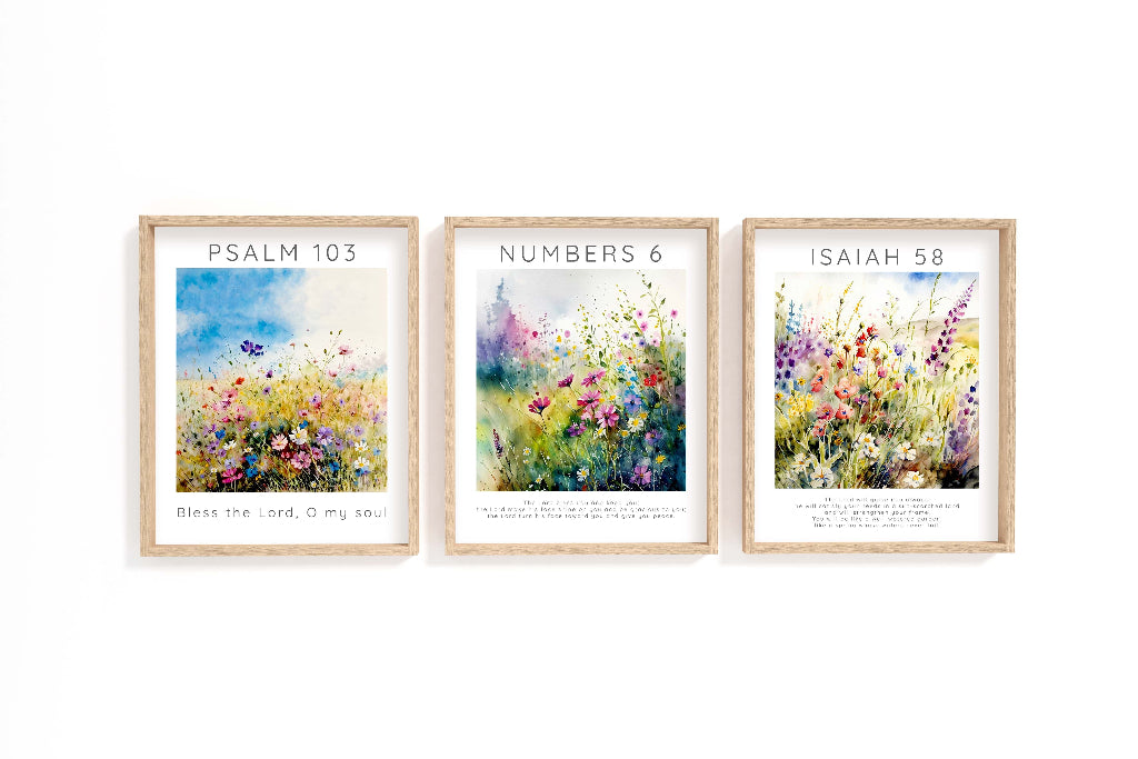Meadow Bible Verse Print Set Of 3, Floral Christian Wall Art Scripture