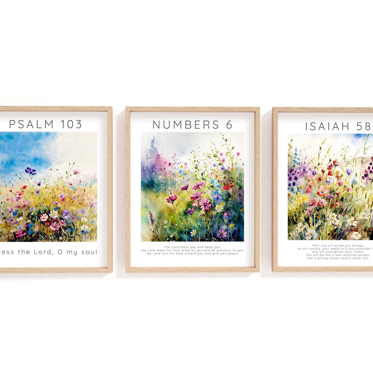 Christian decor with flourishing garden motifs, Serene wildflower meadow scripture art set, Uplifting wall print trio