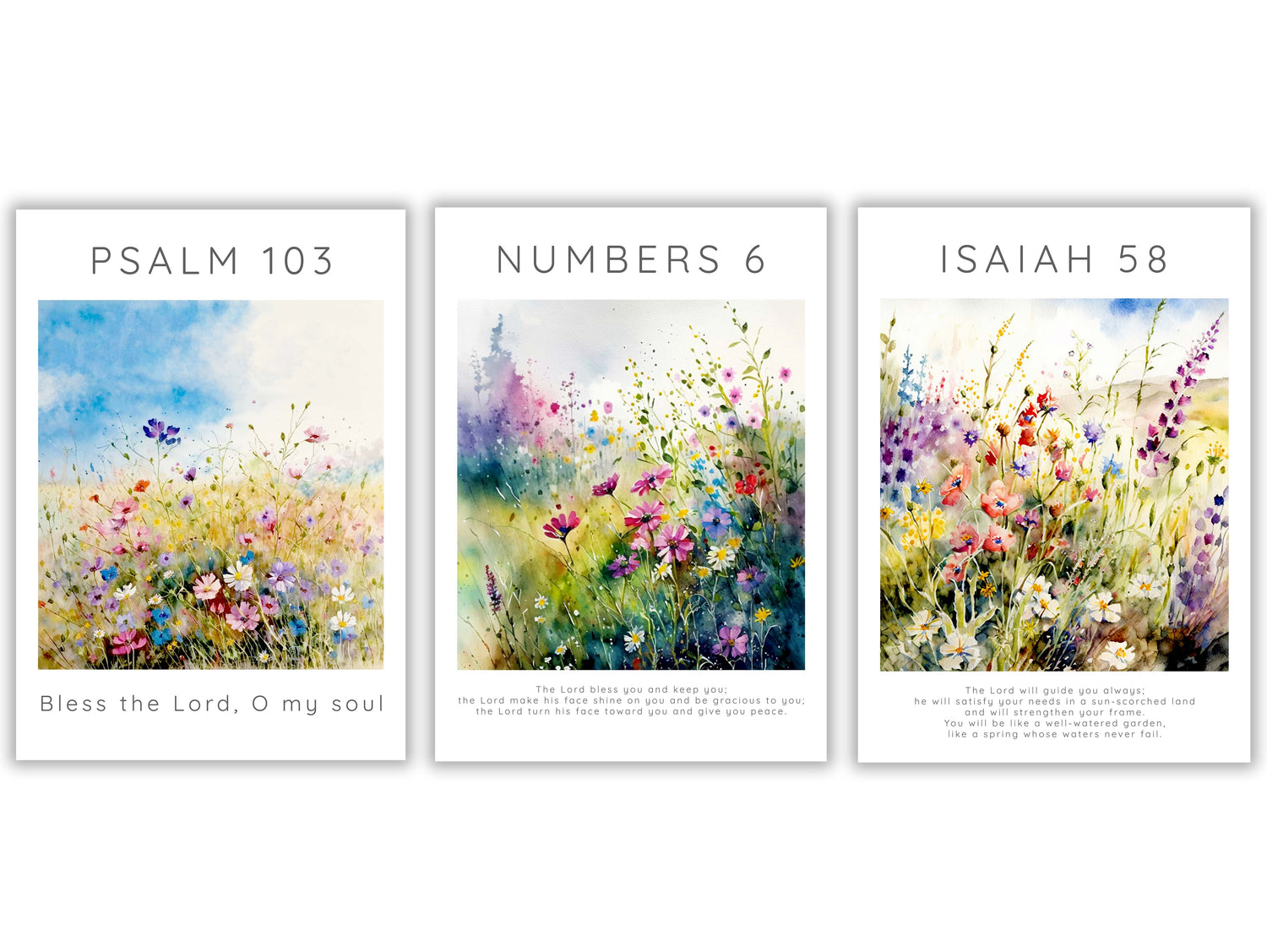 Nature's beauty meets biblical wisdom art collection, Isaiah 58:11, Psalm 103:1, Numbers 6:24-26 3 print set wall decor