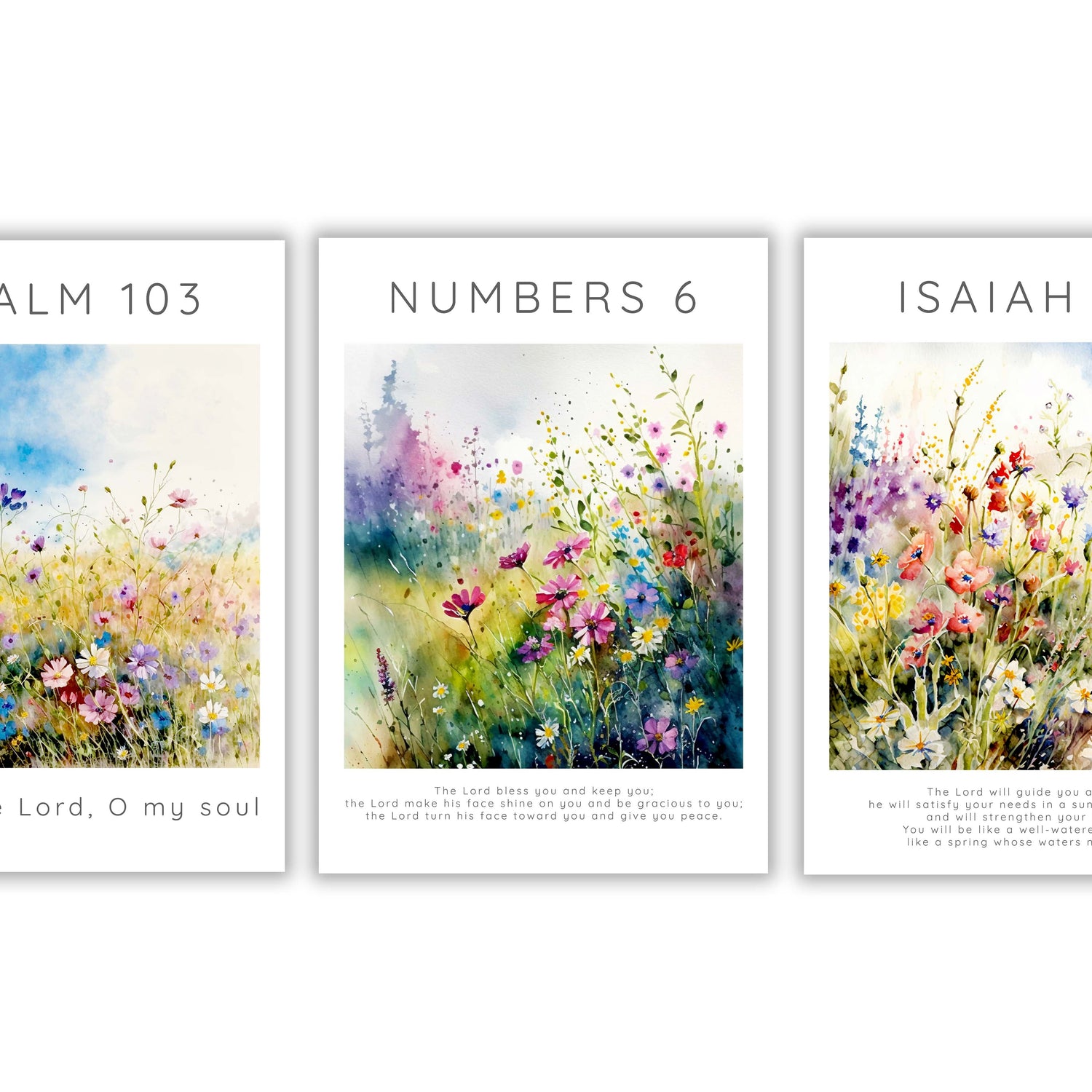 Nature's beauty meets biblical wisdom art collection, Isaiah 58:11, Psalm 103:1, Numbers 6:24-26 3 print set wall decor