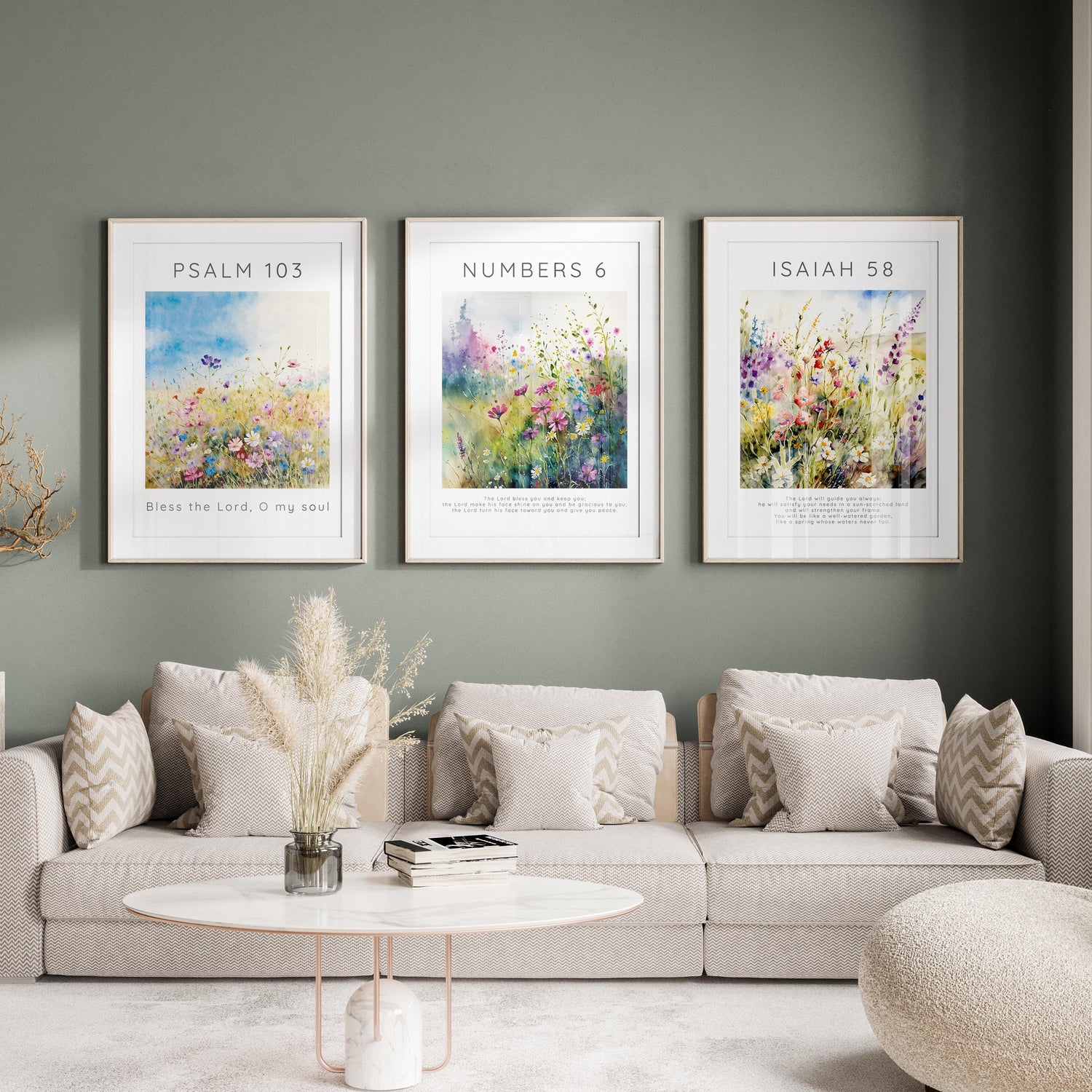 Colorful wildflower meadow home accents, Isaiah 58:11, Psalm 103:1, Numbers 6:24-26 print collection, bible verse triptych