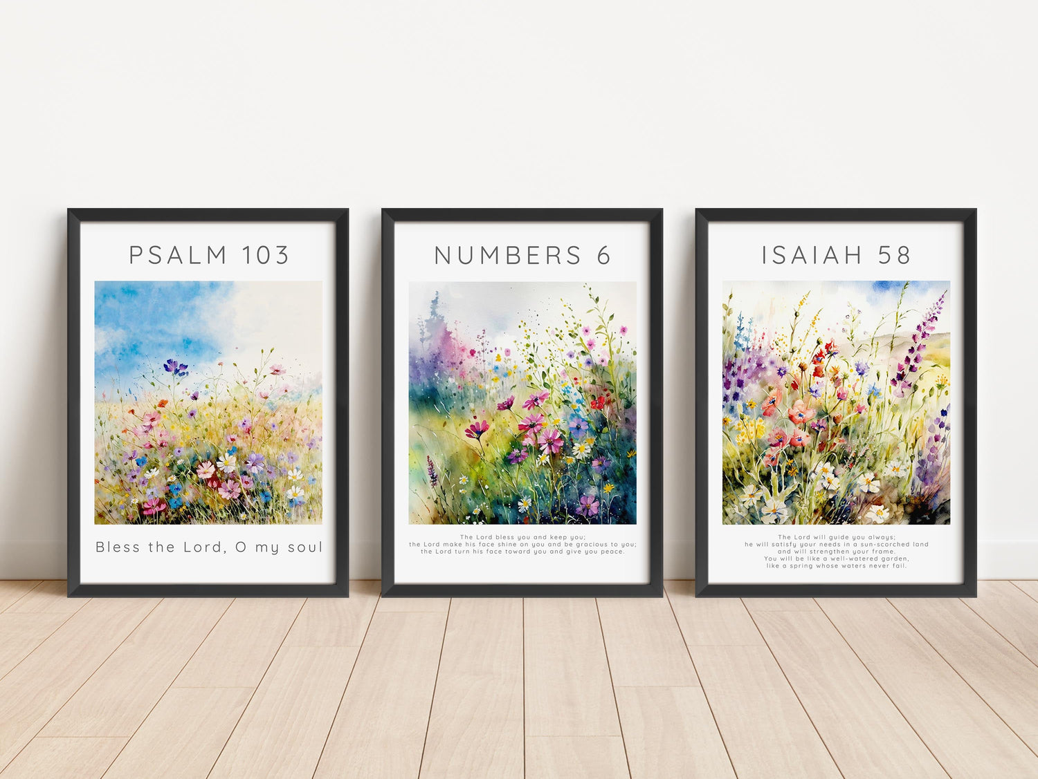 Faith-inspired print set with blooming flowers, Inspirational wall art featuring three Bible verses, Floral theme Christian print