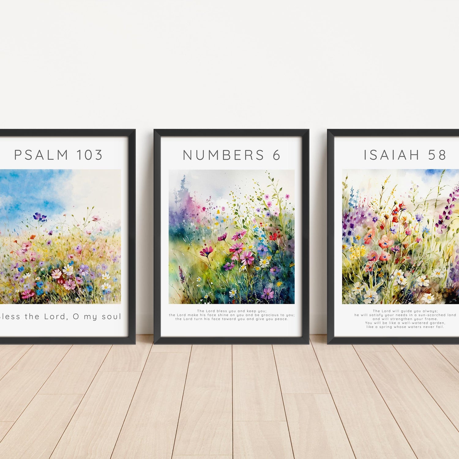 Faith-inspired print set with blooming flowers, Inspirational wall art featuring three Bible verses, Floral theme Christian print