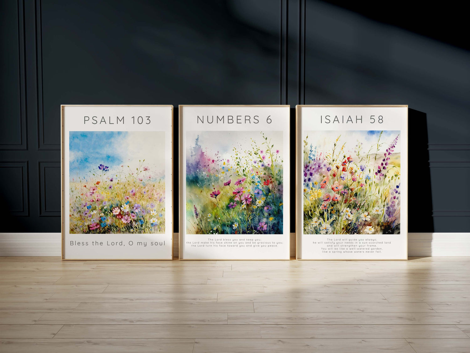 Christian home accent with vibrant floral themes, Isaiah 58:11, Psalm 103:1, Numbers 6:24-26 wall ensemble