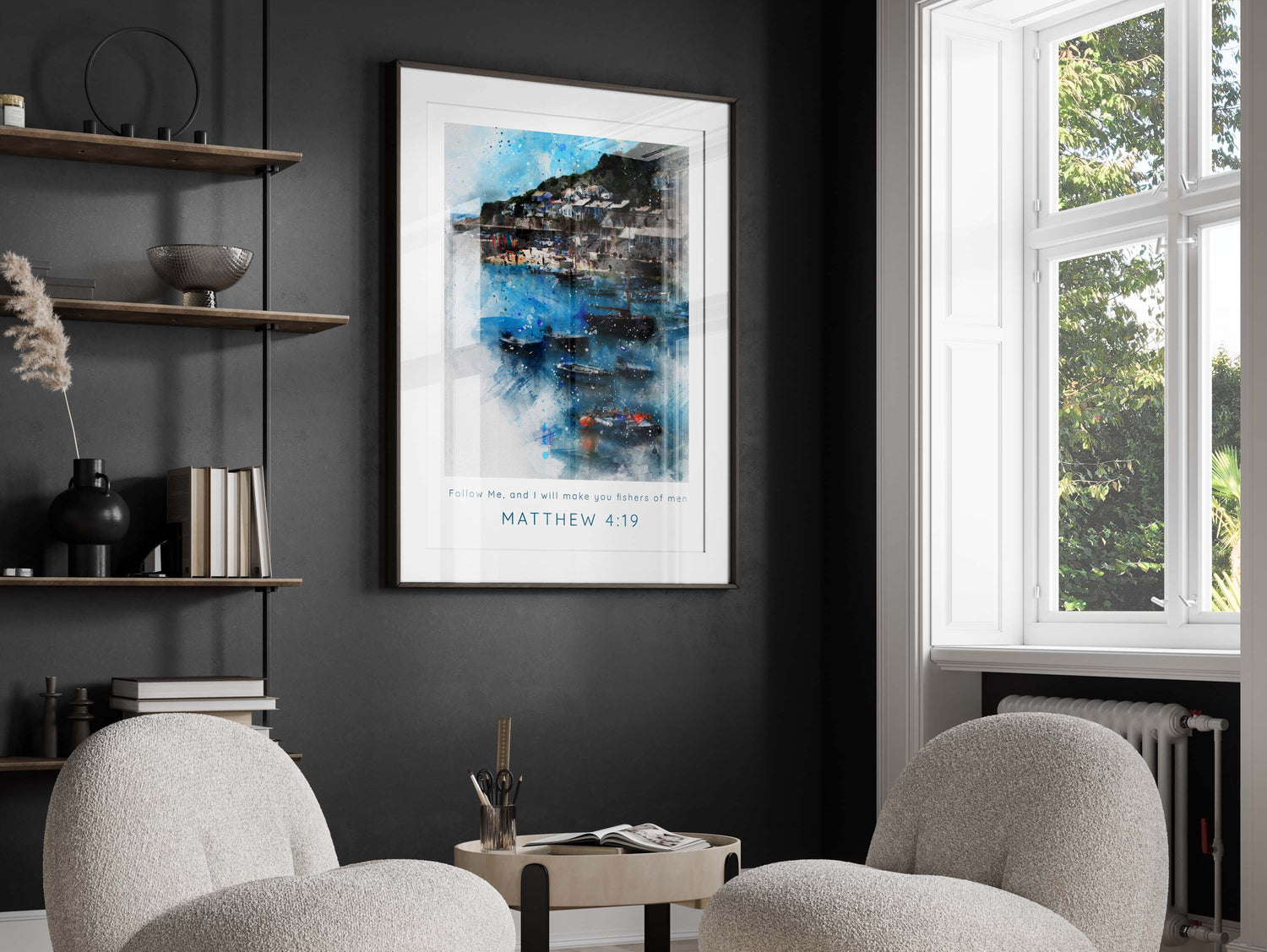 Matthew 4:19 wall art print with fishing village scene, Biblical watercolour art print - Matthew 4:19, christian wall art