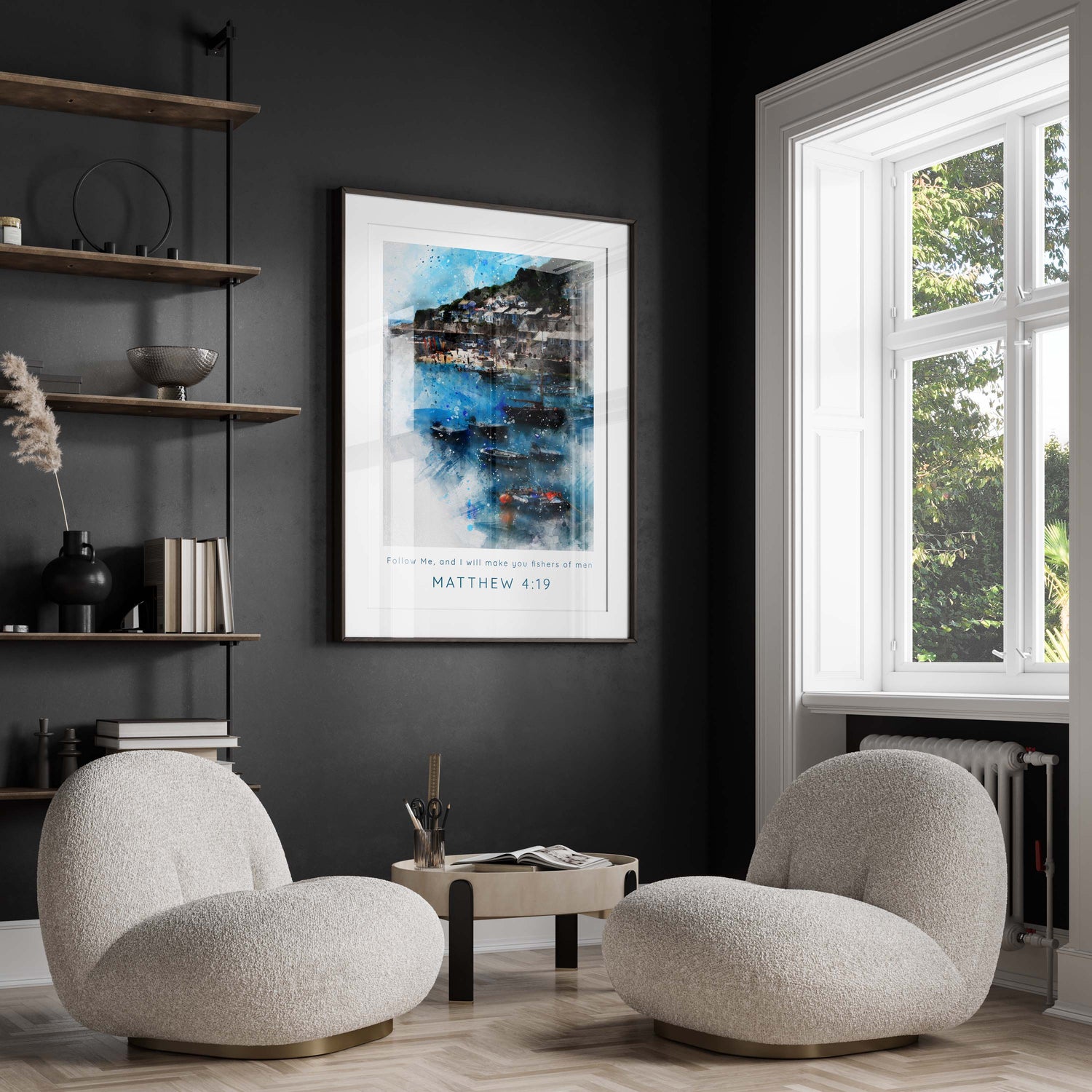 Matthew 4:19 wall art print with fishing village scene, Biblical watercolour art print - Matthew 4:19, christian wall art