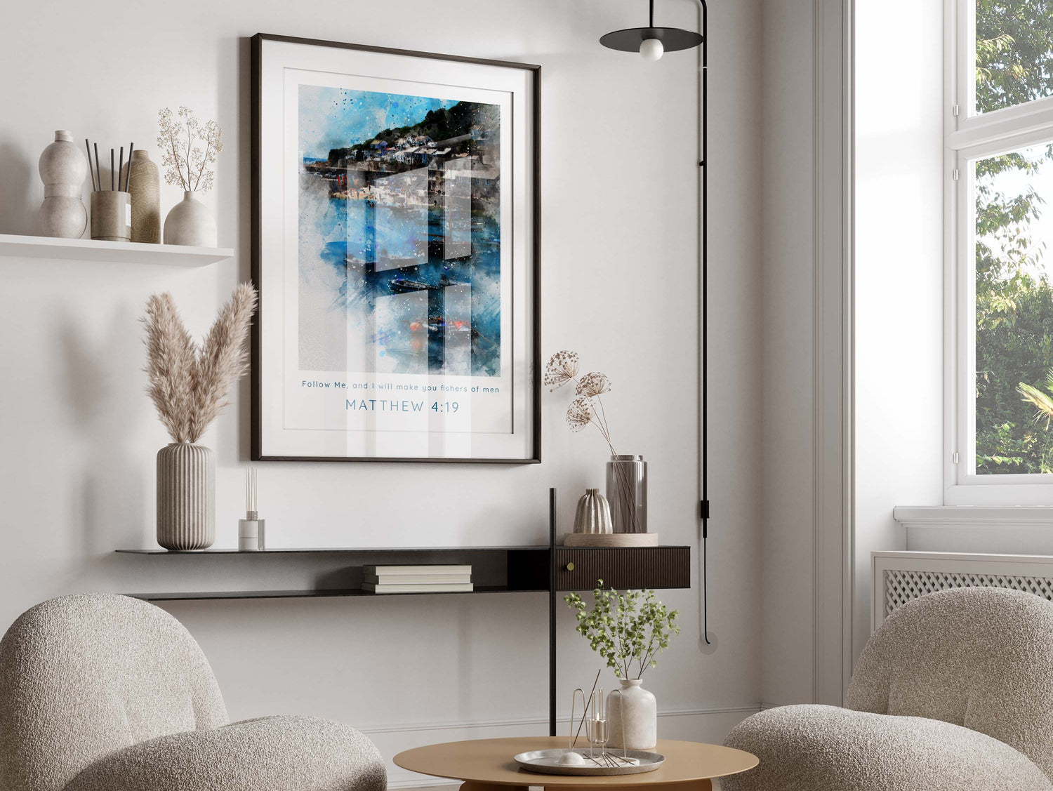 Matthew 4 19 Modern Christian Wall Art, Fishers of Men Bible Poster, 'Follow Me, and I will make you fishers of men'