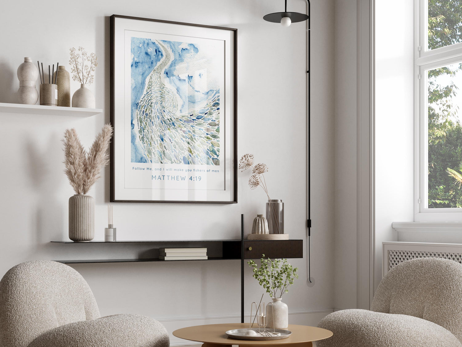 Matthew 4:19 wall art print with shoal of fish, Follow Me and I will make you fishers of men poster, Matthew 4:19 watercolour print