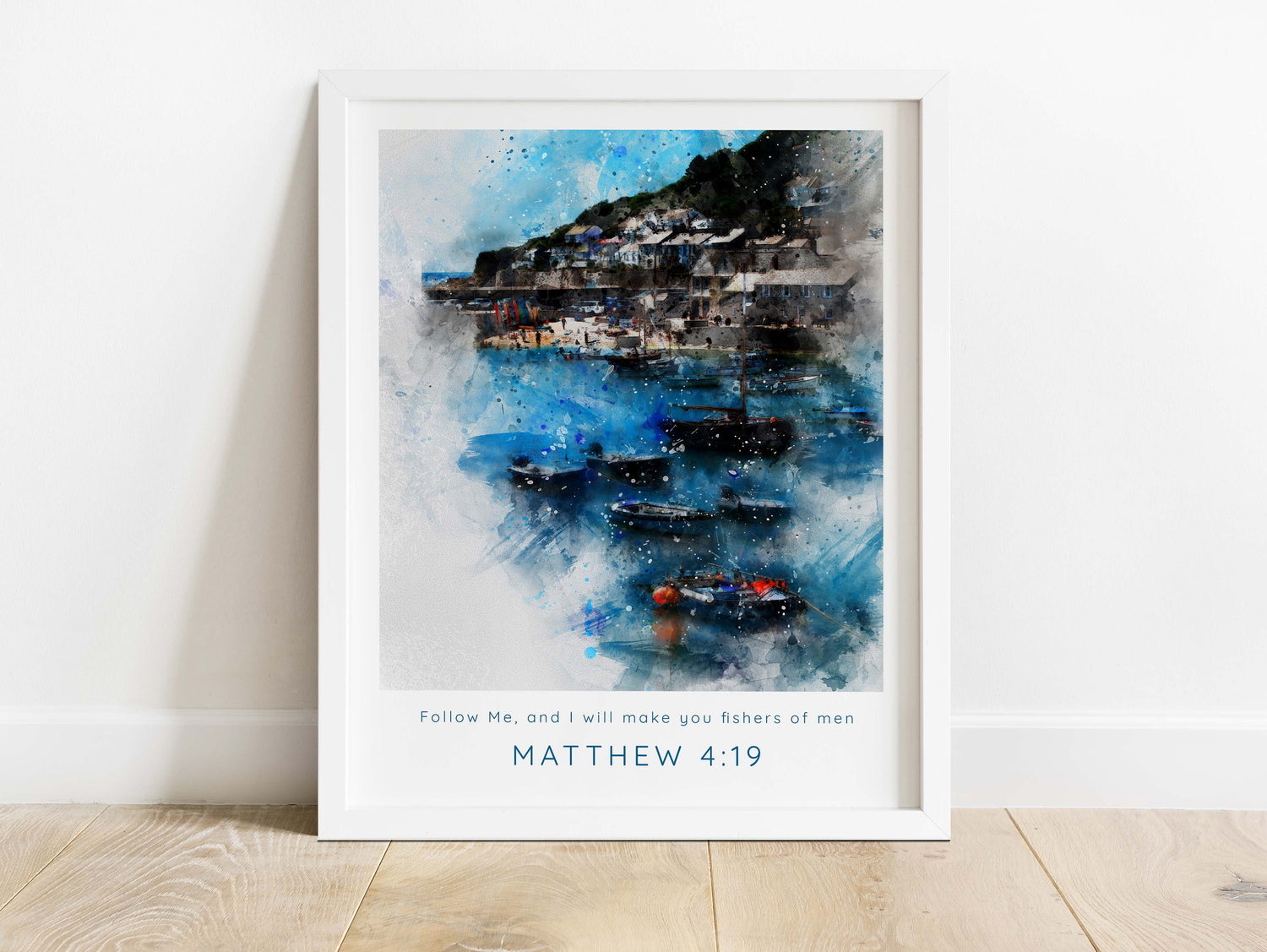 Christian wall decor - 'Follow Me, and I will make you fishers of men', Inspiring Matthew 4:19 quote in watercolour print