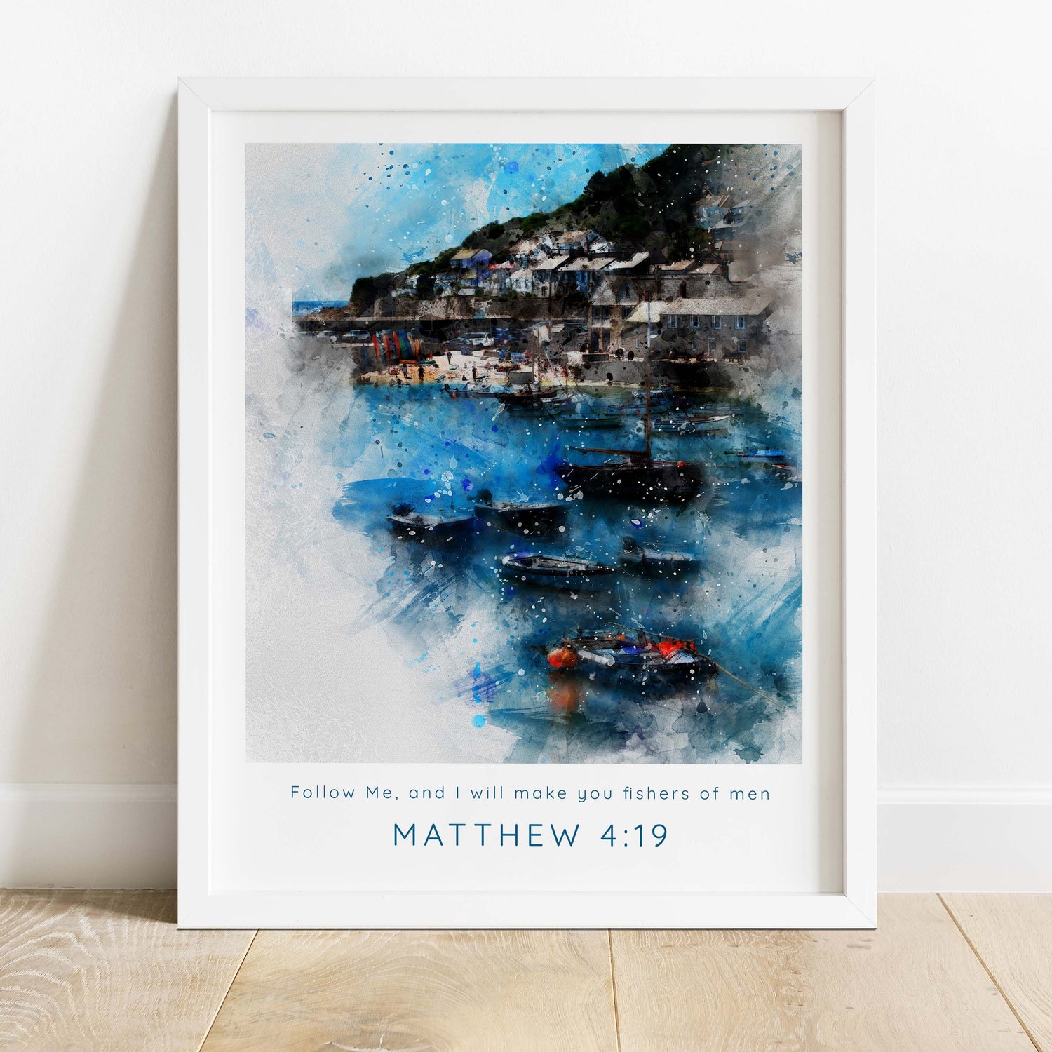 Christian wall decor - 'Follow Me, and I will make you fishers of men', Inspiring Matthew 4:19 quote in watercolour print