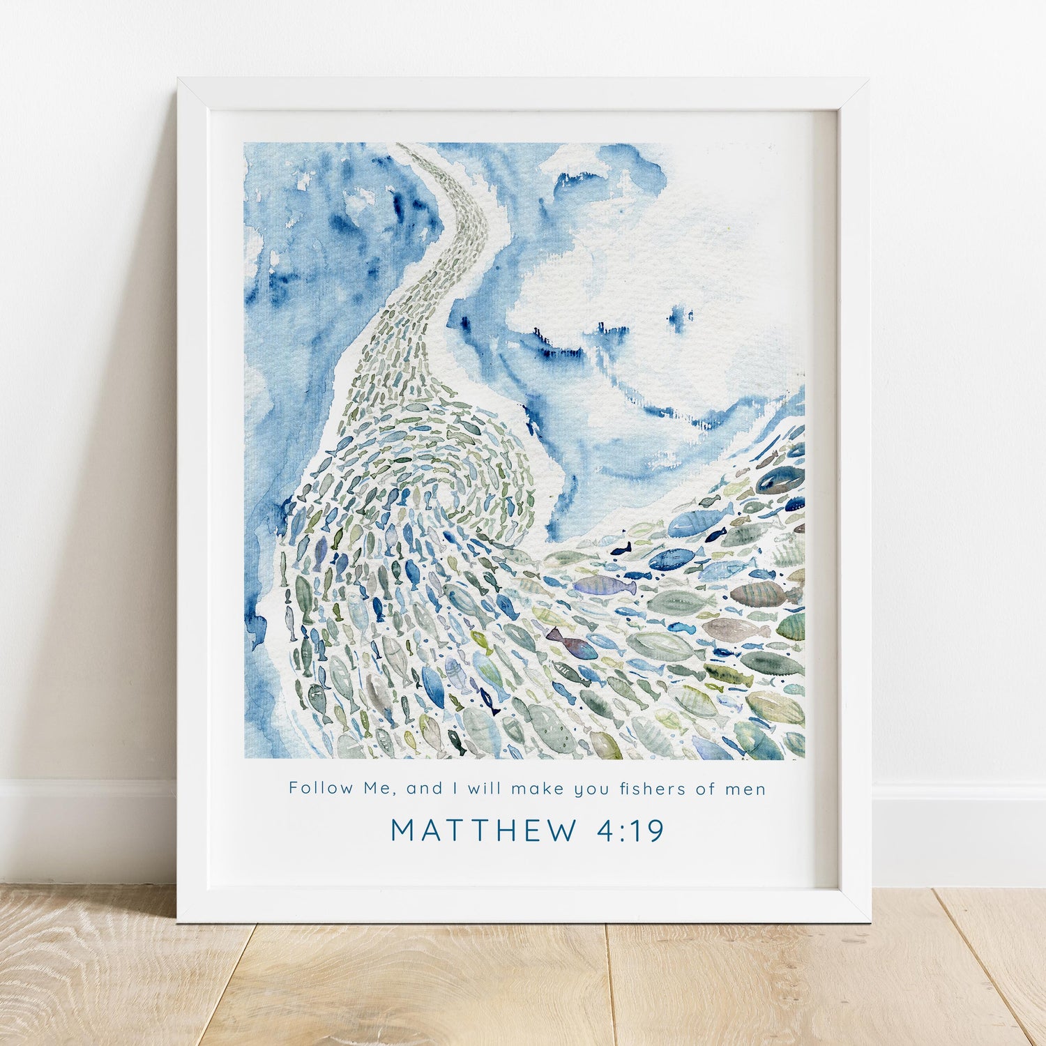 Matthew 4:19 watercolour print for home decor, Modern Christian watercolour art print - Fishers of Men, Matthew 4:19 scripture art